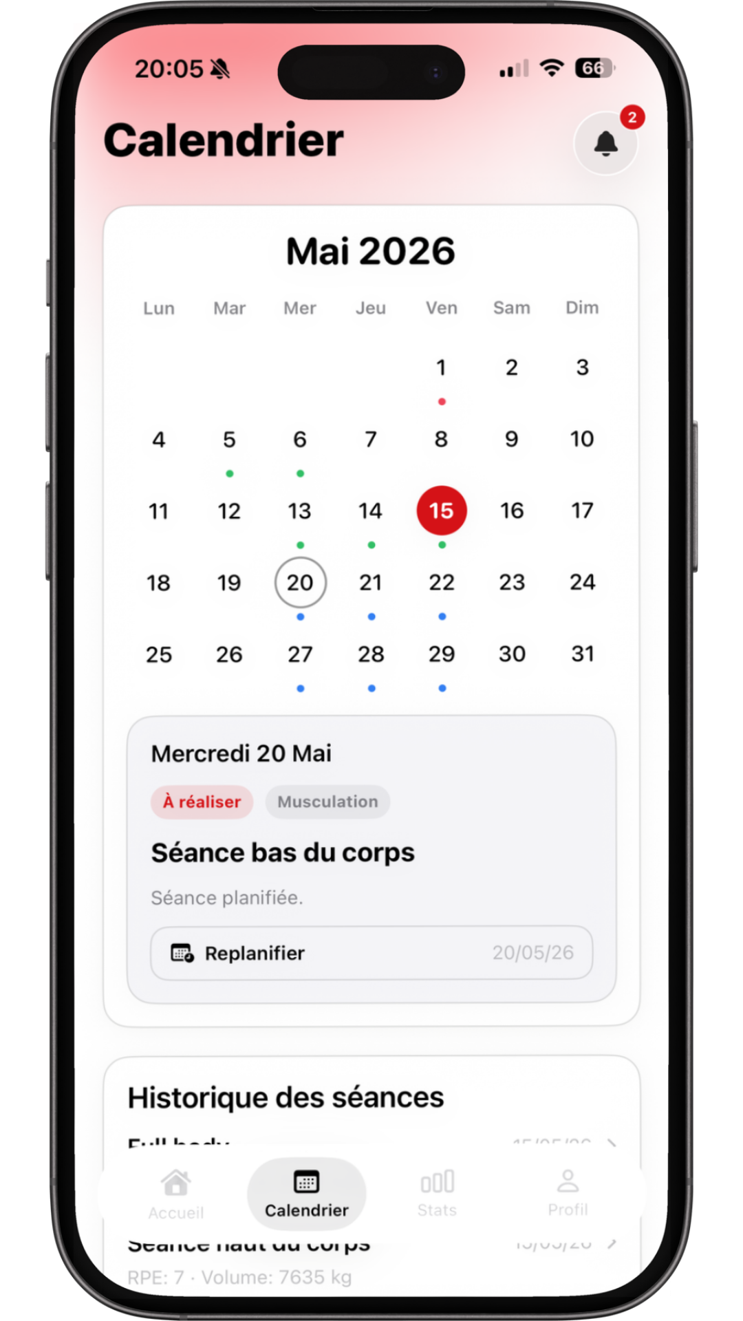 Calendrier d'entraînement dans l'application mobile O'VAL